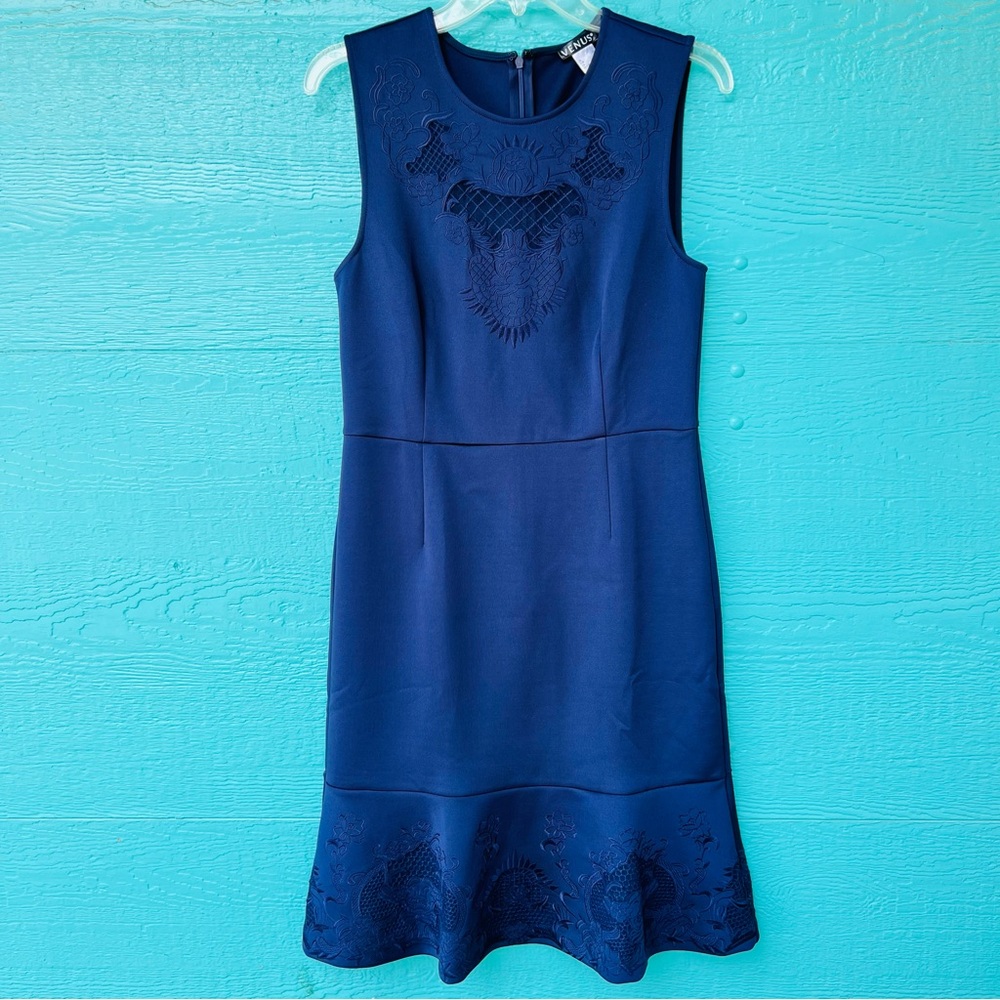 VENUS Navy Blue Lace Dress Sleeveless Size 10 Elegant Classic Elevated - Picture 2 of 13